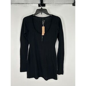 SKIMS Sheer Cashmere Henley Mini Dress Womens Size XS Onyx Black Scoop Neck Knit
